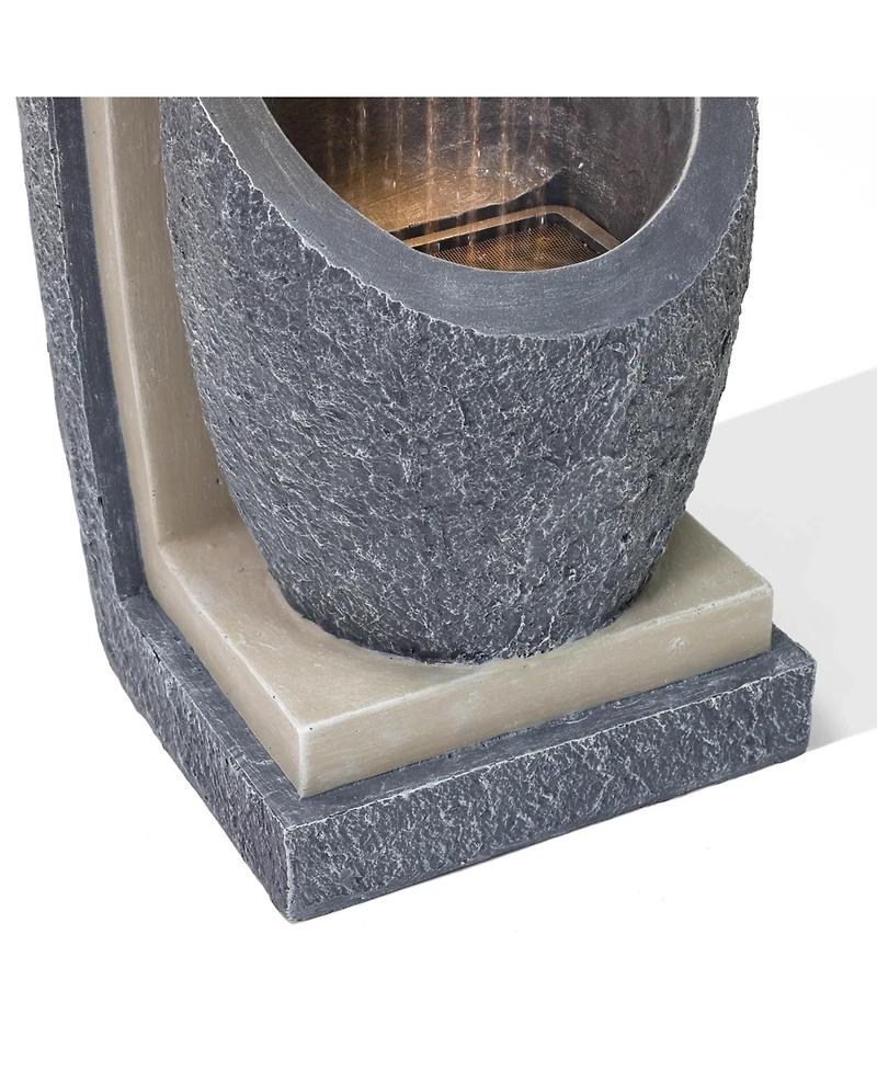 LuxenHome Gray Resin Column and Bowl Sculpture Outdoor Fountain with Lights