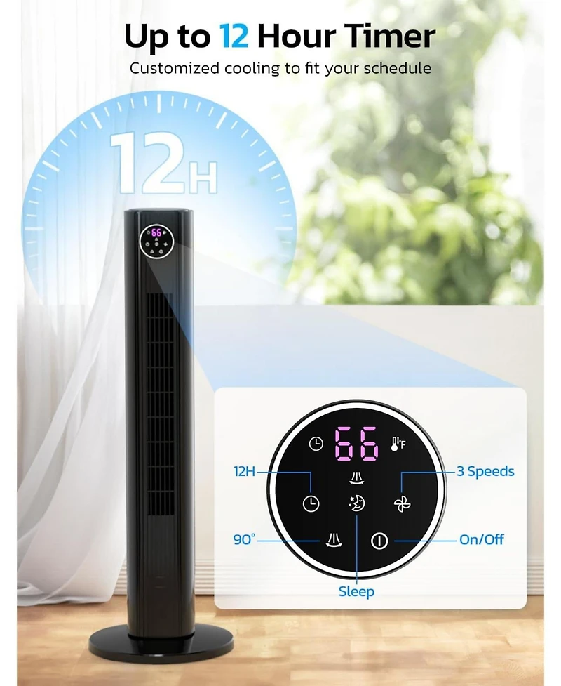 Cowsar Tower Fan for Bedroom, 90° Oscillating with 12H Timer, 37”Standing Fans Remote, Bladeless 4 Modes & 3 Speeds