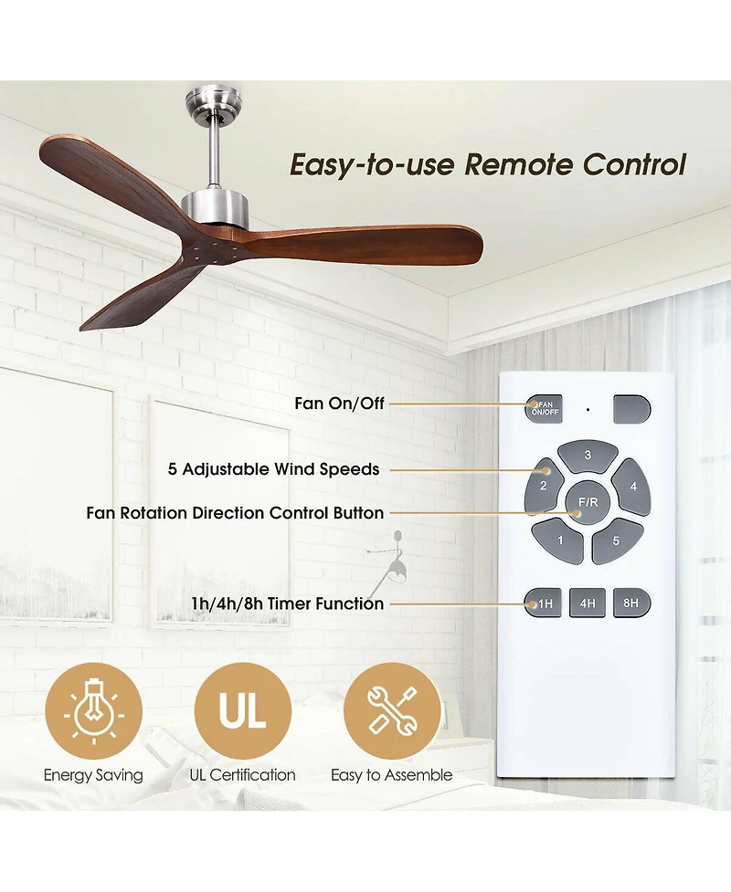 52 Inch Modern Brushed Nickel Finish Ceiling Fan with Remote Control