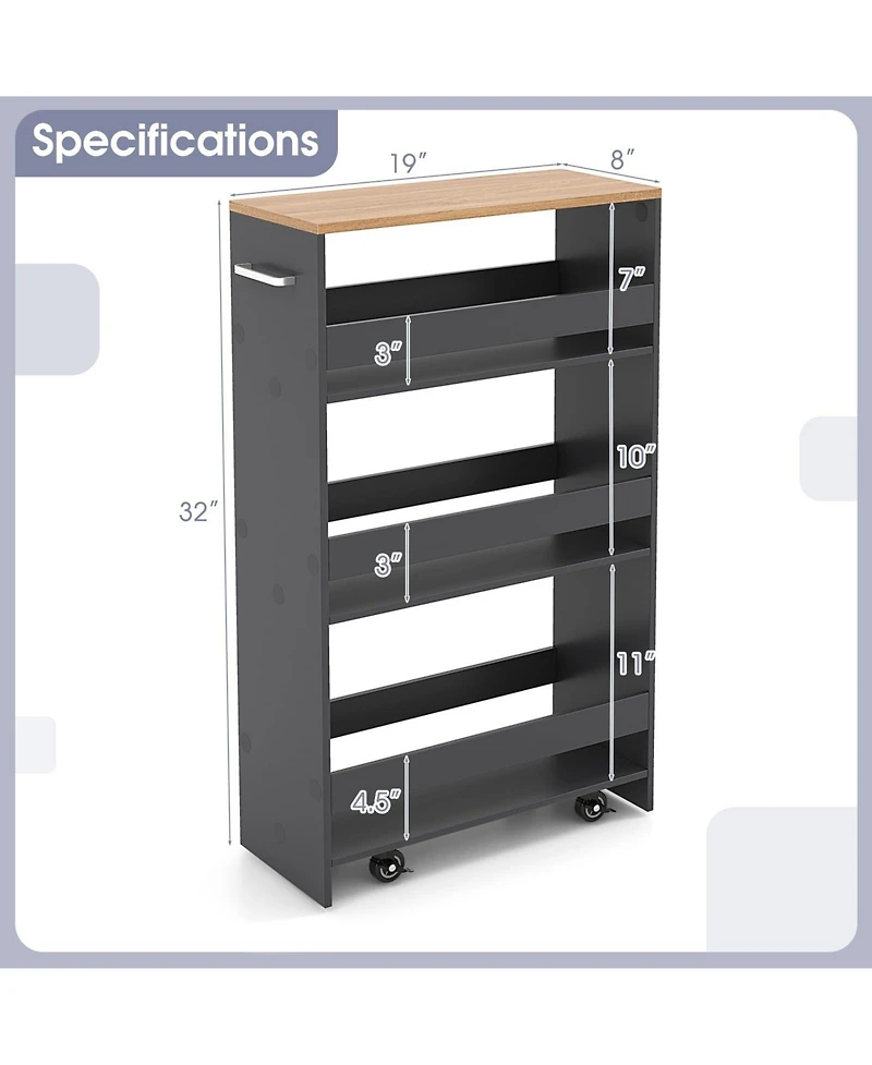 4-Tier Rolling Storage Cart Slim Kitchen Cart on Wheels with Open Shelves and Handle