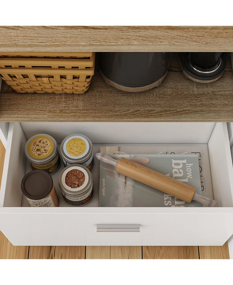 Kitchen island with 2 doors, 1 drawer, island storage table with dining table, coffee station and microwave rack for home and dining room, white, wood