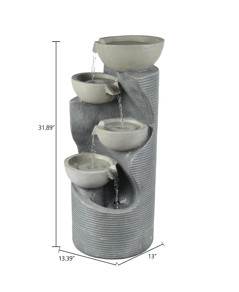 LuxenHome Modern Gray Resin Tiered Bowls Outdoor Fountain with Lights