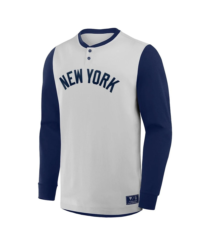 Fanatics Men's Gray/Navy New York Yankees Clubhouse Long Sleeve Henley Shirt