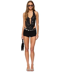 Edikted Women's Beaded Chiffon Backless Cowl Neck Top