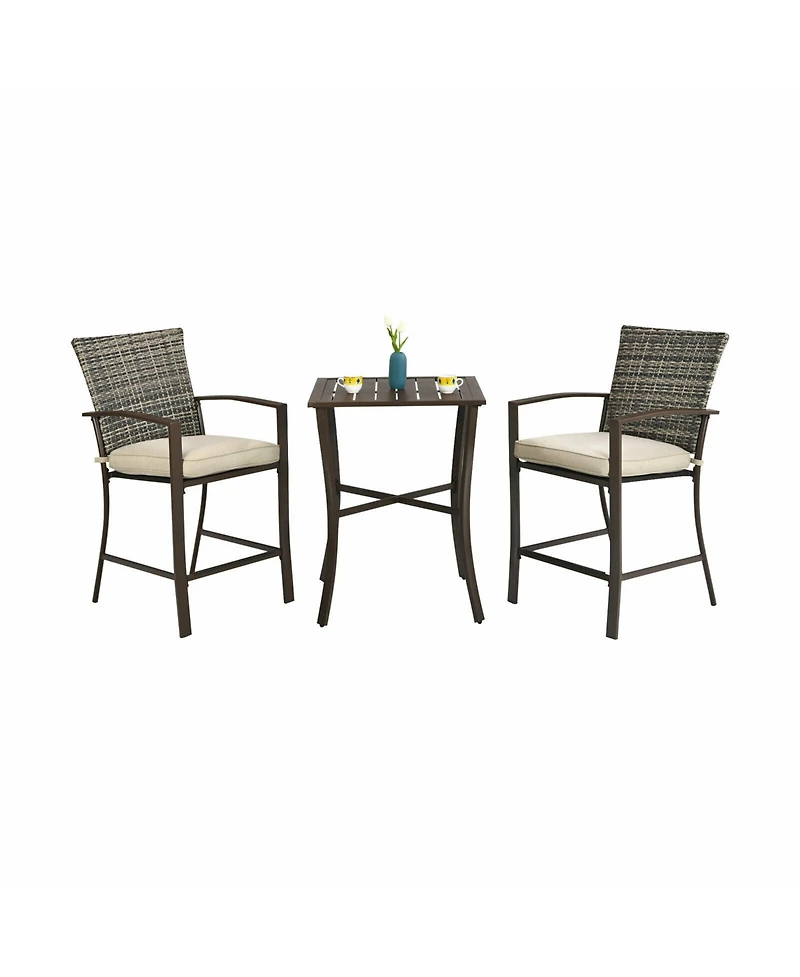 Gymax 3PCS Patio Bar Set Outdoor Conversation Furniture Set w/ Cushions