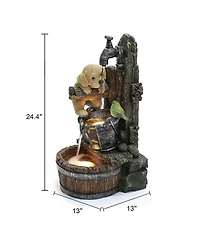 LuxenHome Puppy at the Farmhouse Faucet Resin Outdoor Fountain with Lights