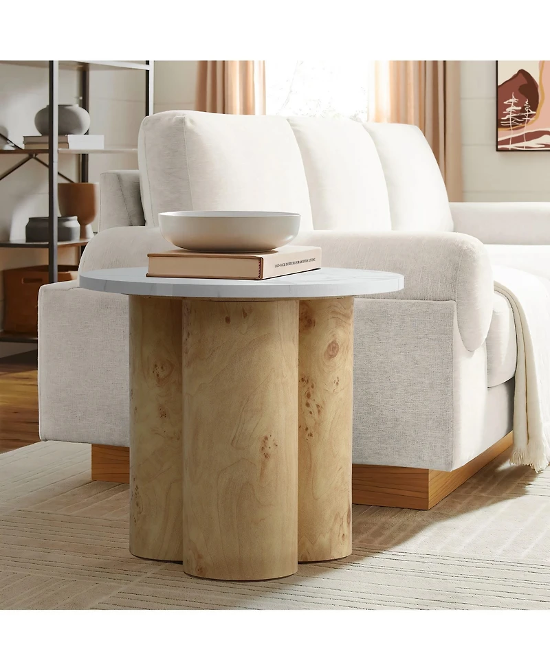 LuxenHome Burl Wood Finish Manufactured Wood 17.7-Inch Tall Round End and Side Table with Faux Marble Top