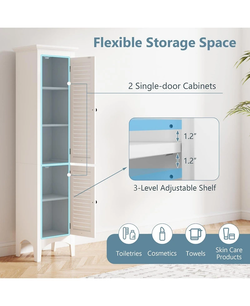 Tall Bathroom Floor Cabinet with Shutter Doors and Adjustable Shelf