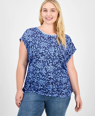 Democracy Trendy Plus Printed Side-Shirred Cap-Sleeve Top