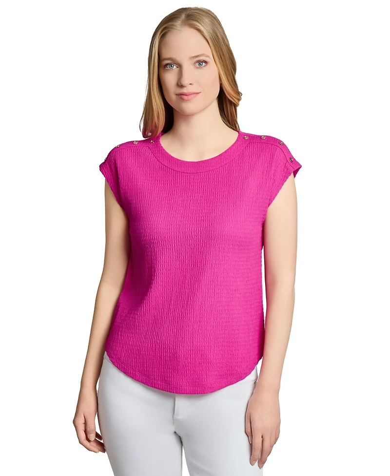Jones New York Women's Crinkle-Texture Button-Trim Top