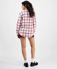 Just Polly Juniors' Girlfriend Frayed-Hem Plaid Shirt