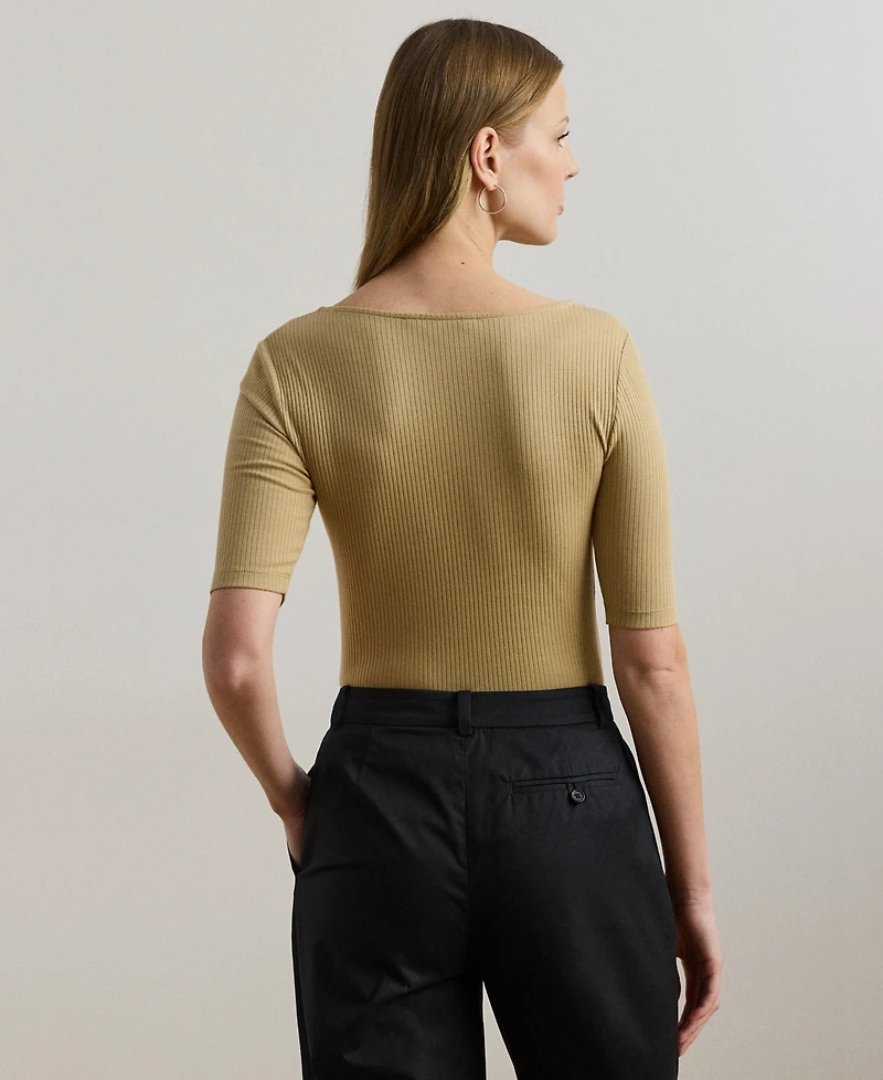 Lauren Ralph Women's Rib-Knit Cotton-Blend Elbow-Sleeve Tee