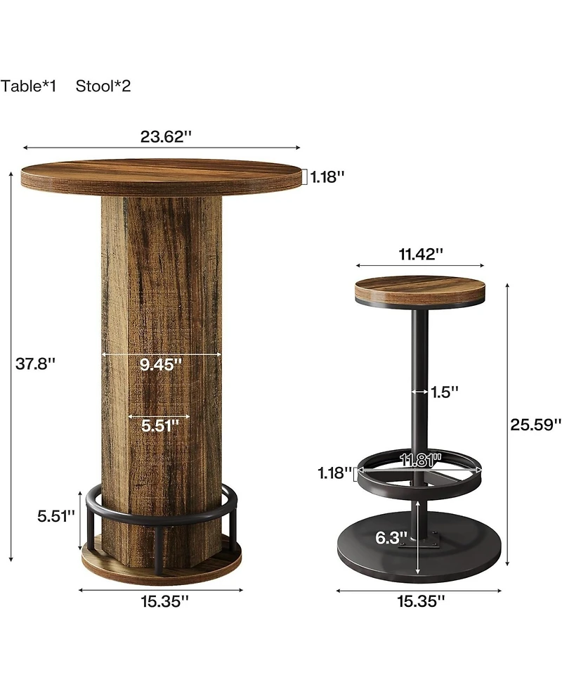 Tribesigns Round Bar Table with 2 Chairs, Industrial Bistro Sets with 2 barstools, Pub Cocktail Table with Metal Ring Footrest for Kitchen Nook, Apart