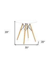 Contemporary Round Dining Table – Glossy Fiberglass Surface & Tapered Wood Legs