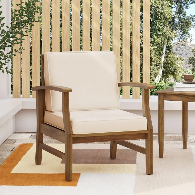 Acacia Wood Outdoor Lounge Chair with Cream White Cushion, Slat Panel Design Frame and Water-Resistant Cushion