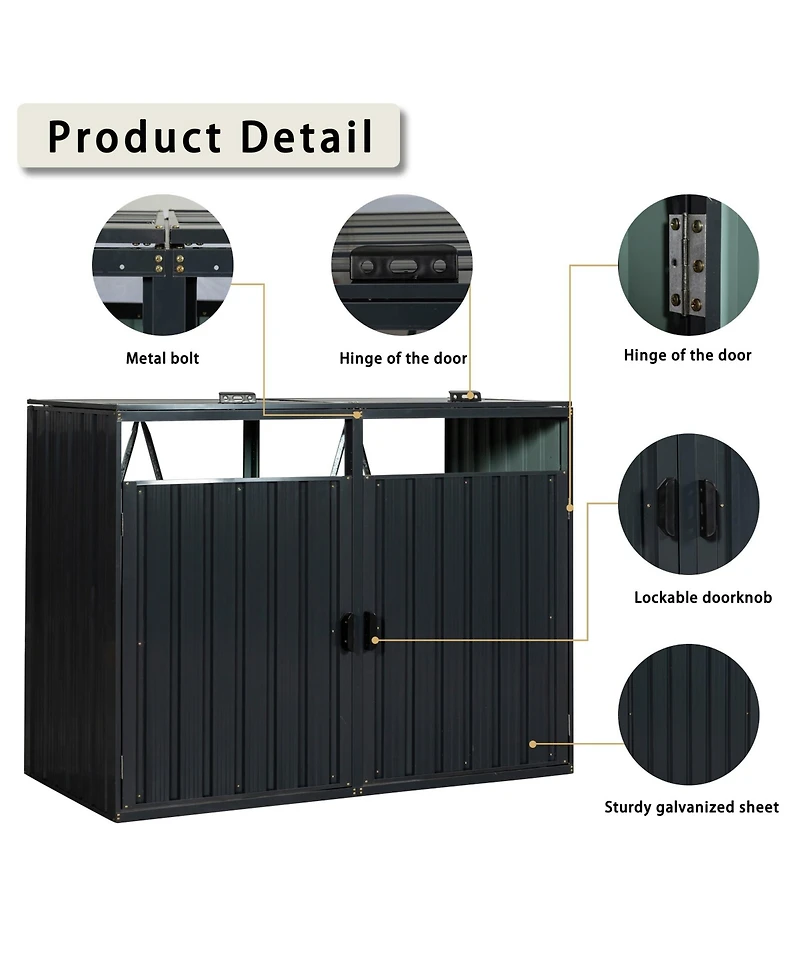 Garbage Bin Shed Stores 2 Trash Cans Metal Outdoor Bin Shed for Garbage Storage