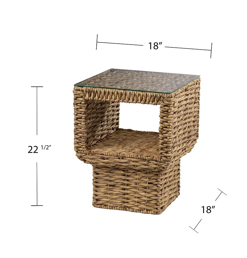 Square End Table with Glass Top and Rattan Wicker Base for Indoor Use