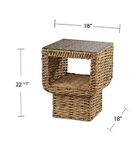 Square End Table with Glass Top and Rattan Wicker Base for Indoor Use