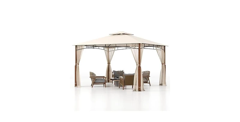 12 x 10 Feet Outdoor Patio Gazebo with Netting and 2-Tier Canopy Roof