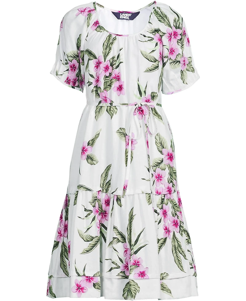 Lands' End Women's Puff Sleeve Pleated Linen Knee Length Dress