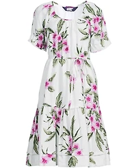 Lands' End Women's Puff Sleeve Pleated Linen Knee Length Dress