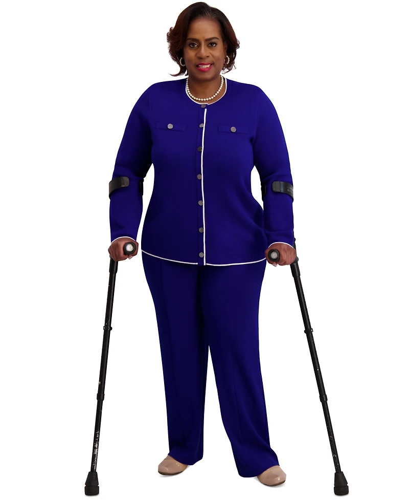 Kasper Round-Neck Long-Sleeve Button Front Cardigan, Regular & Plus