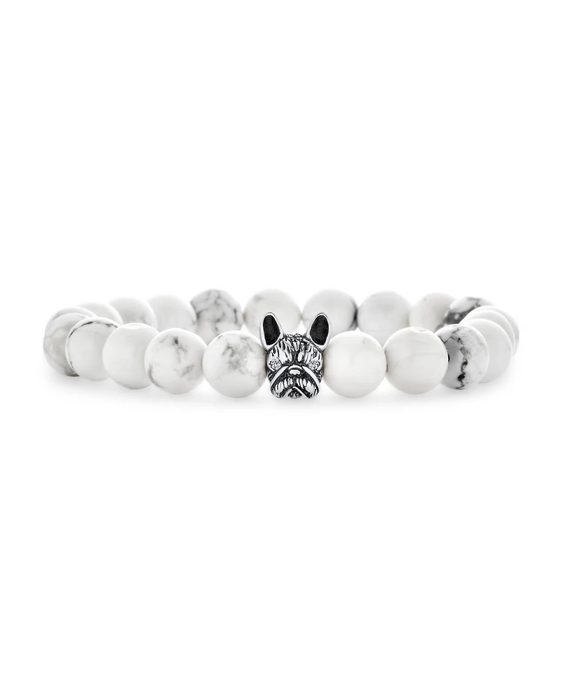 Bling Jewelry Pet Animal Charm Frenchie Dog Boxer Natural White Howlite Bead Stretch French Bulldog Bracelet Oxidized Silver Plated Adjustable