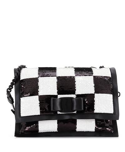 Pre-Owned Salvatore Ferragamo Small Viva Bow Flap Bag Sequin Embellished Leather