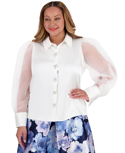 Muse Plus Bow-Trim Bishop-Sleeve Blouse