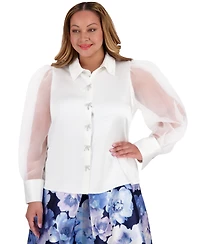 Muse Plus Bow-Trim Bishop-Sleeve Blouse