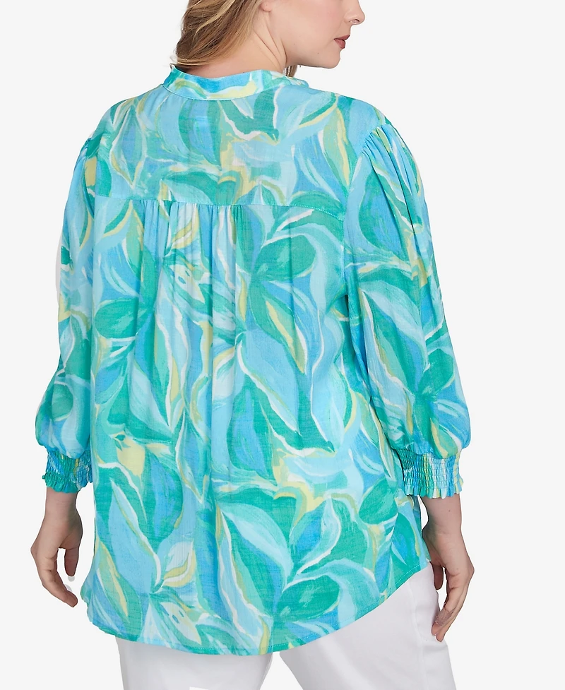 Ruby Rd. Plus Abstract Tropical Silky Button Front Top