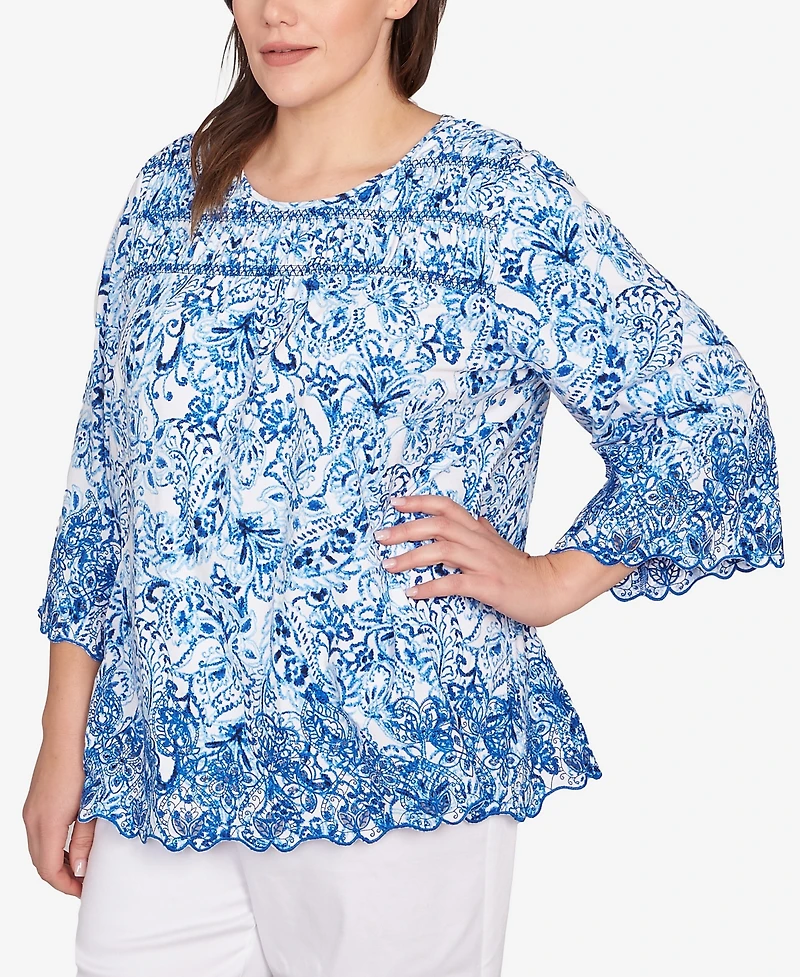 Ruby Rd. Plus Oceanic Paisley Embroidered Crew Neck Top