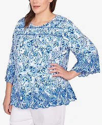 Ruby Rd. Plus Oceanic Paisley Embroidered Crew Neck Top