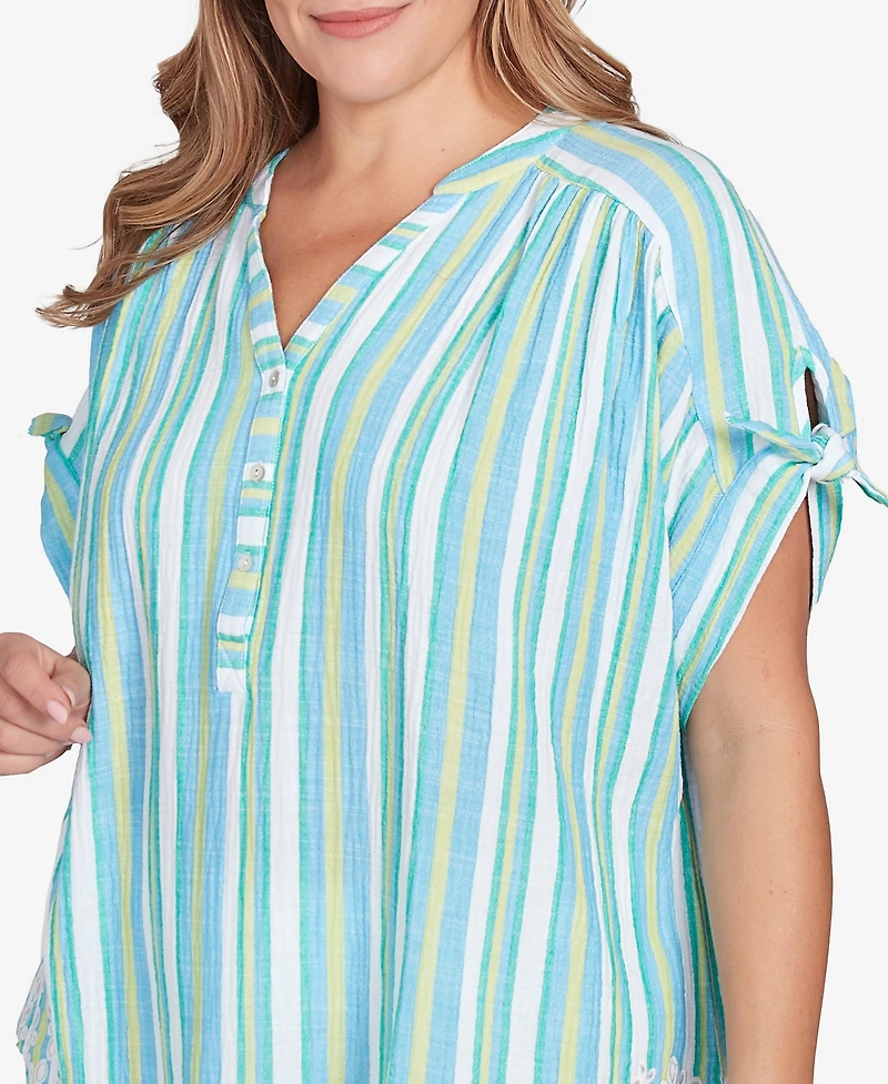 Ruby Rd. Plus Scalloped Stripe Embroidered Tie Sleeve Top