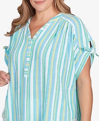 Ruby Rd. Plus Scalloped Stripe Embroidered Tie Sleeve Top