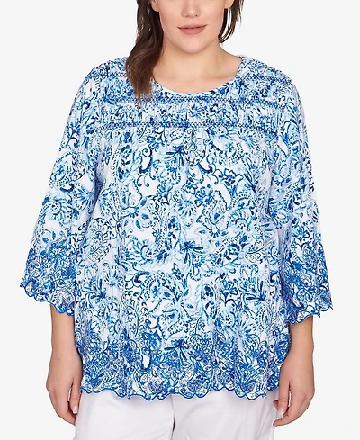 Ruby Rd. Plus Oceanic Paisley Embroidered Crew Neck Top