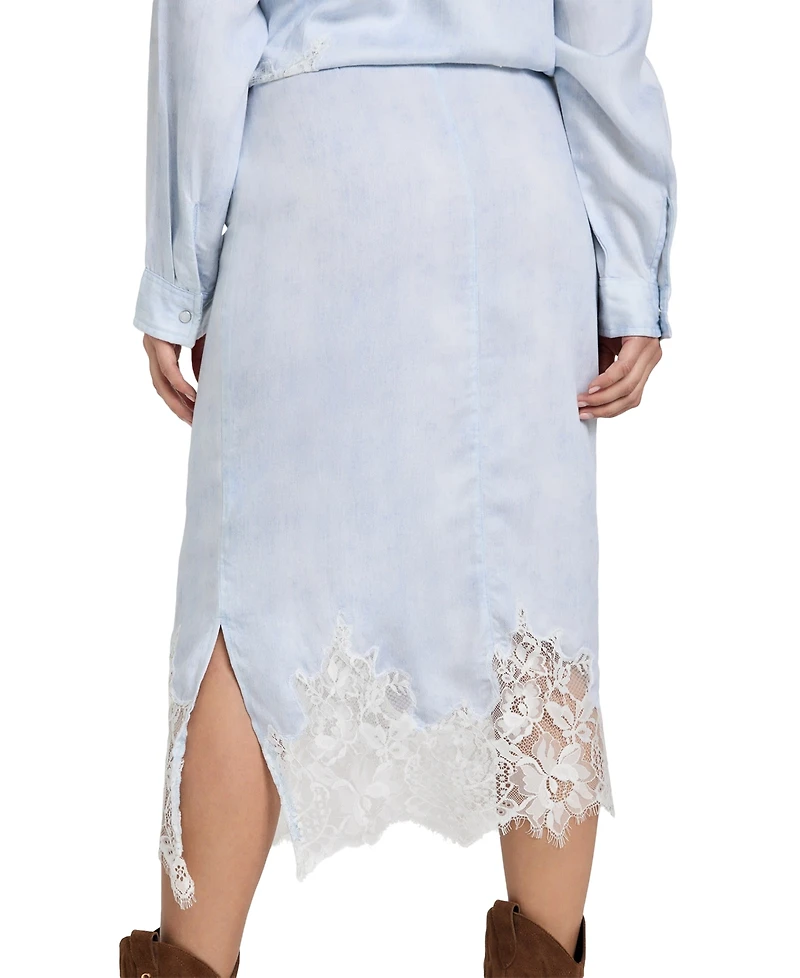 Guess Women's Lana Midi Lace-Trim Denim Skirt
