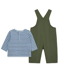 Little Me Baby Boys Cotton Striped T-Shirt & Dino Overalls Set