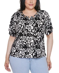 Belldini Plus Grommet Detail Floral Short Sleeve Knit Top