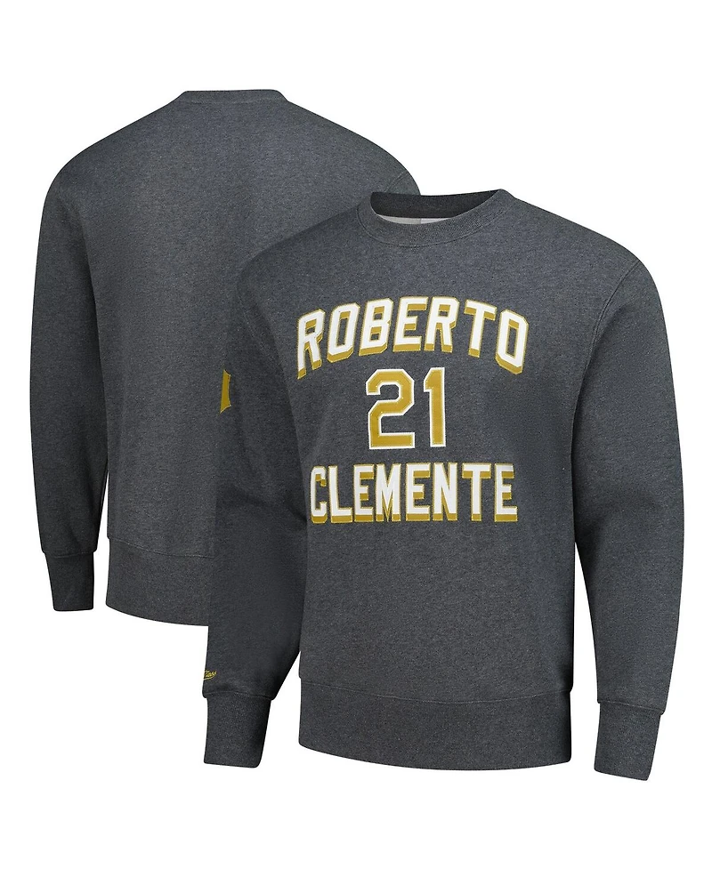 Mitchell & Ness Men's Roberto Clemente Heather Charcoal Pittsburgh Pirates Legends Collection Vintage Logo Name Number Fleece Pullover Sweatshirt