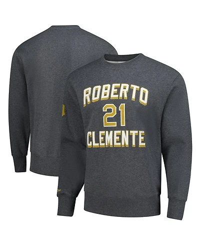 Mitchell & Ness Men's Roberto Clemente Heather Charcoal Pittsburgh Pirates Legends Collection Vintage Logo Name Number Fleece Pullover Sweatshirt