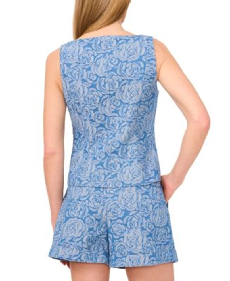 Cece Womens Floral Jacquard Denim Button Front Vest Belted Floral Jacquard Denim Shorts