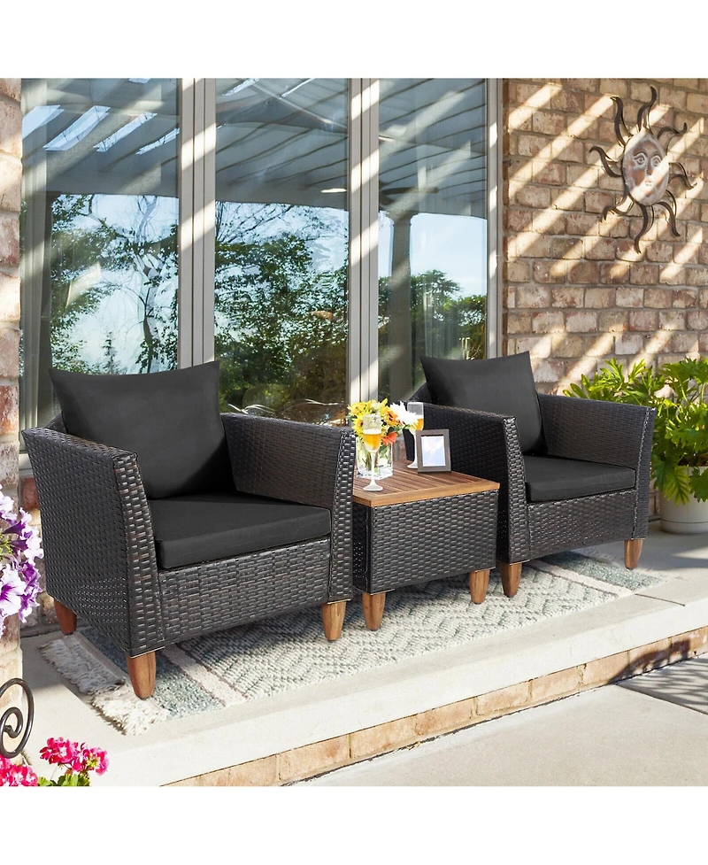 Gymax 3PCS Patio Furniture Set Conversation Bistro Set w/ Acacia Wood & Cushions Black