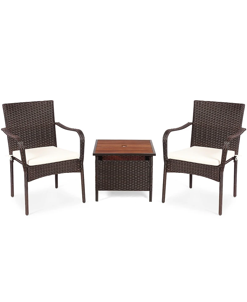 Gymax 3PCS Outdoor Patio Bistro Set Pe Rattan Conversation Set w/ Umbrella Hole