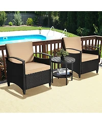 Gymax 3PCS Outdoor Wicker Bistro Set Patio Conversation Furniture Set w/ Cushions