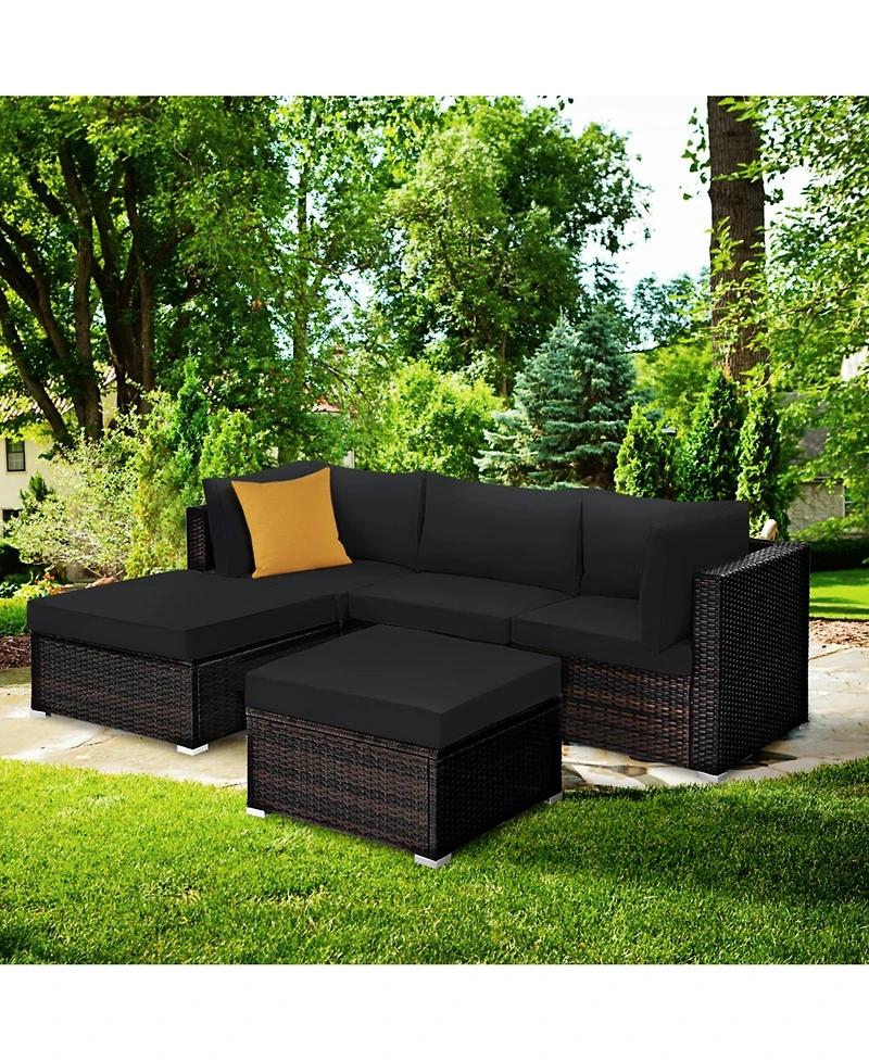 Gymax 5PCS Rattan Patio Conversation Set Outdoor Furniture Set w/ Black Cushions