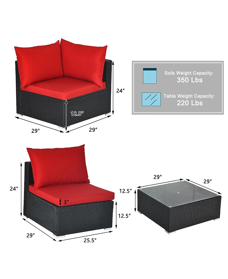 Gymax 7PCS Rattan Patio Conversation Set Sectional Furniture Set w/ Red Cushion
