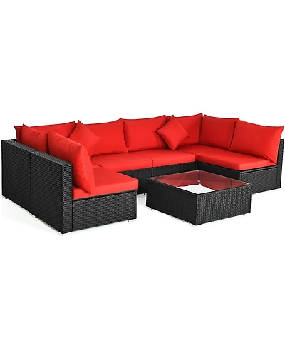 Gymax 7PCS Rattan Patio Conversation Set Sectional Furniture Set w/ Red Cushion