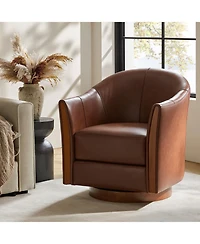 Raul Transitional Genuine Leather 360-degree Swivel Barrel Chair with Solid Wood Base and Armrest