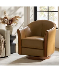 Raul Transitional Genuine Leather 360-degree Swivel Barrel Chair with Solid Wood Base and Armrest